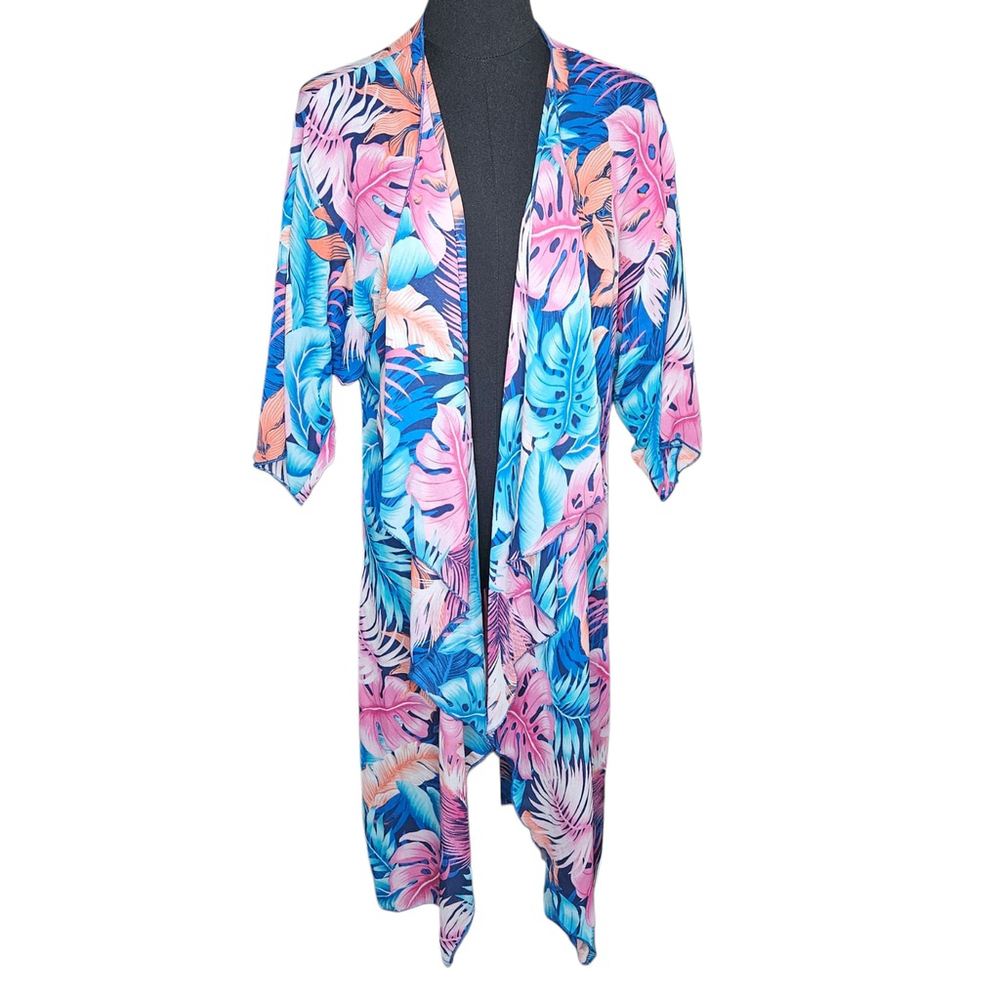 LuLaRoe Shirley Small Blue Pink Orange Tropical Print Kimono Sheer Cover Up - Picture 2 of 6